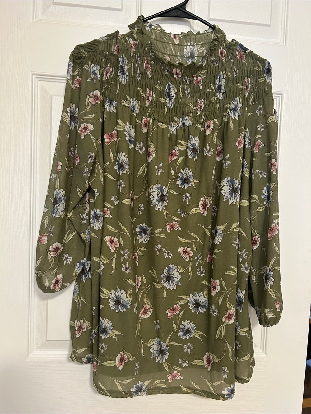 Cato Olive Floral Smocked Neck Women’s Top